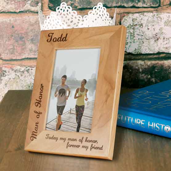Red Alder Picture Frame With Photo Of Men Jogging And Engraved With Name And Date And Man Of Honor Message On Table With Book