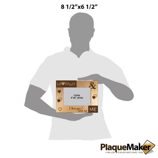 Size Guide With Blank Figure Holding Red Alder Picture Frame Engraved With Hearts And Mommy And Me Text And I Love You