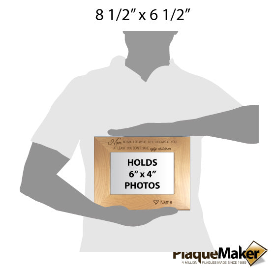 Size Guide With Blank Figure Holding Red Alder Picture Frame Engraved With Funny Message For Mom And Customizable Areas
