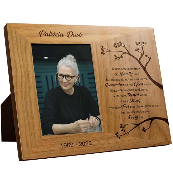 Red Alder Picture Frame With Woman Photo And Engraved With Name And Years Lived And Family Tree Art And Memorial Message