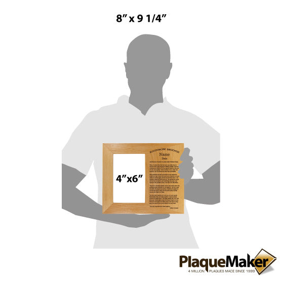 Size Guide With Blank Figure Holding Red Alder Picture Frame Engraved With Rainbow Bridge Memorial And Customizable Areas