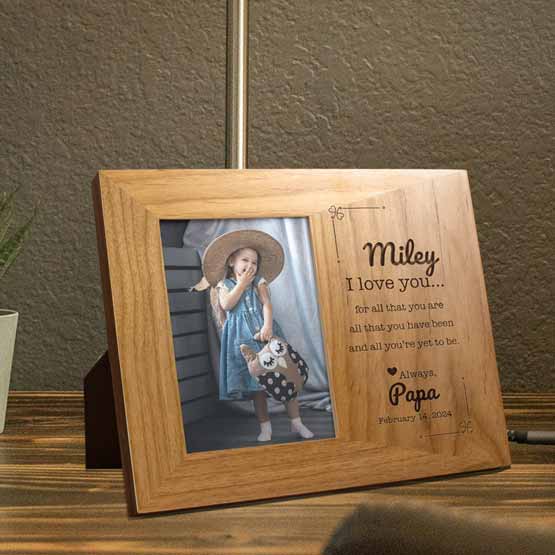 Custom Red Alder Picture Frame With Little Girl Photo And Engraved With Names And Date And I Love You Message On Wood Shelf