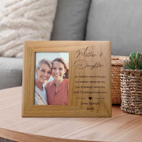 Red Alder Photo Frame With Mother And Daughter Engraving And Photo And Sweet Message On Living Room Coffee Table With Plant