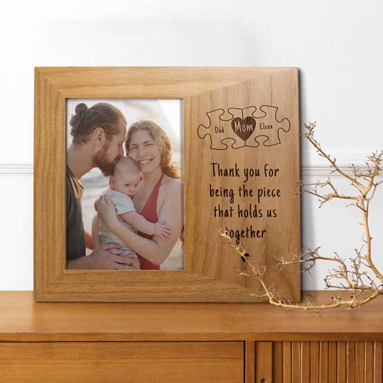 Red Alder Picture Frame With Family Photo And Engraved With Mom Inside Puzzle Piece Art And Thank You Message On Wood Dresser