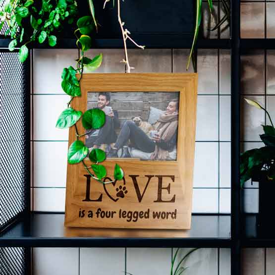 Red Alder Picture Frame With Couple And Dog Photo And Love Is A Four Legged Word Engraving On Black Bookshelf With Plants
