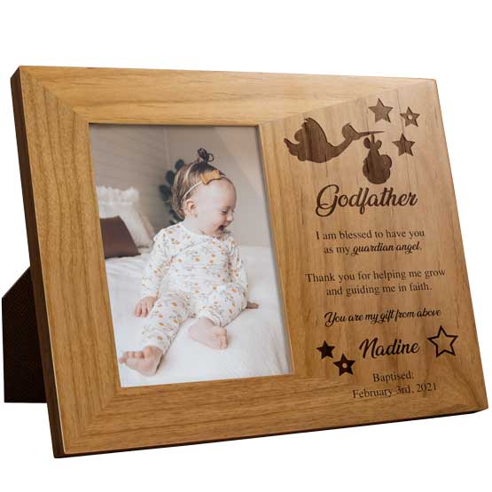Red Alder Picture Frame With Baby Photo And Engraved With Stork Art And Guardian Angel Godfather Message And Baptism Details