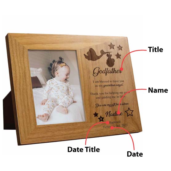 Sample Of Red Alder Picture Frame With Baby Photo And Stork Art And Guardian Angel Message Showing Customizable Areas