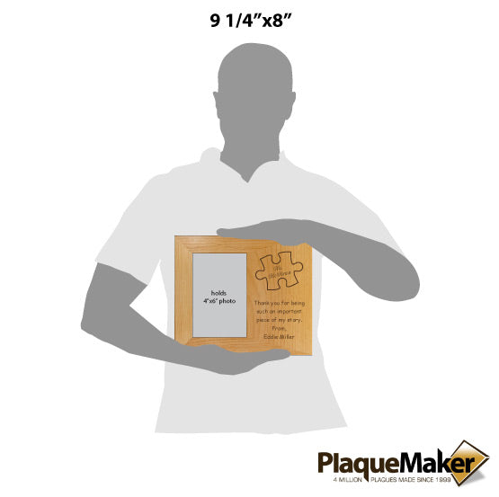 Size Guide With Blank Figure Holding Red Alder Picture Frame Engraved With Puzzle Piece Art And Thank You Message