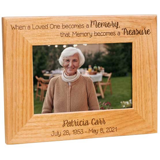 Custom Red Alder Picture Frame With Old Woman Photo And Engraved With Memorial Details And Treasured Memory Message