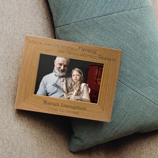 Red Alder Picture Frame With Photo Of Man And Girl And Engraved With Memorial Details And Treasured Memory Message On Pillow