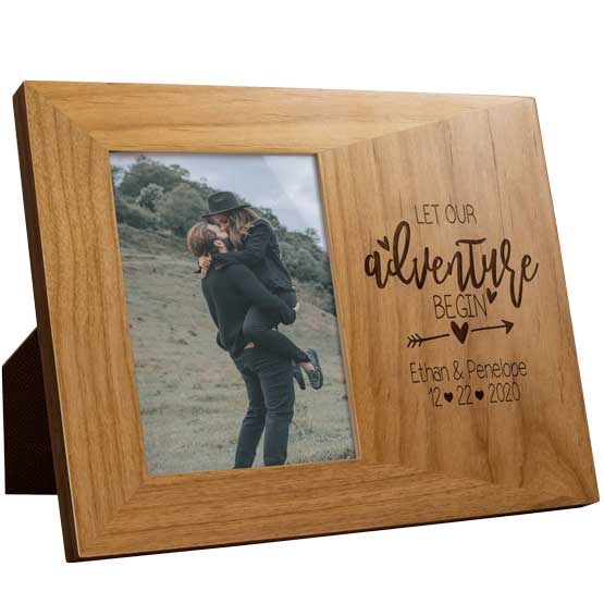 Custom Red Alder Picture Frame With Couple Outdoors Photo And Engraved With Names And Date And Let Our Adventure Begin