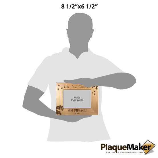 Size Guide With Blank Figure Holding Red Alder Picture Frame Engraved With Our First Christmas And Customizable Areas