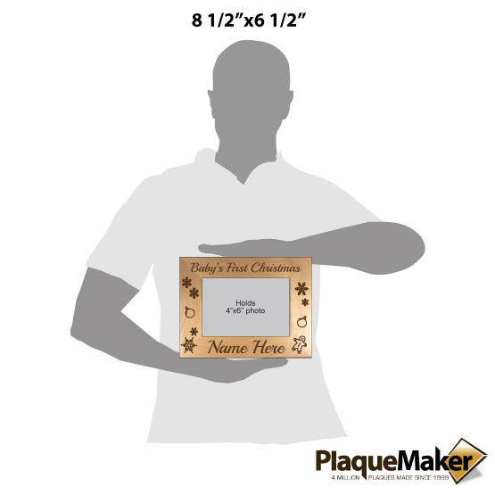 Size Guide With Blank Figure Holding Red Alder Picture Frame Engraved With Baby’s First Christmas And Holiday Art