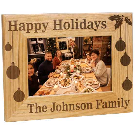 Red Alder Picture Frame With Family Dinner Photo And Engraved With Happy Holidays And The Johnson Family And Festive Art