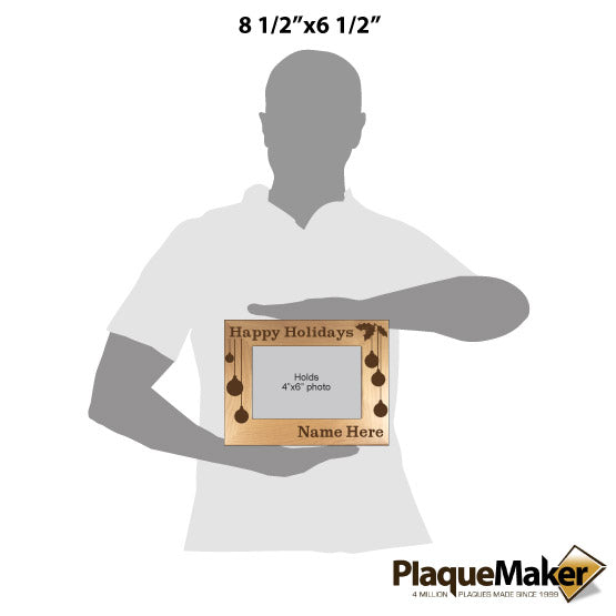 Size Guide Of Blank Figure Holding Red Alder Picture Frame Engraved With Happy Holidays And Festive Art And Customizable Area