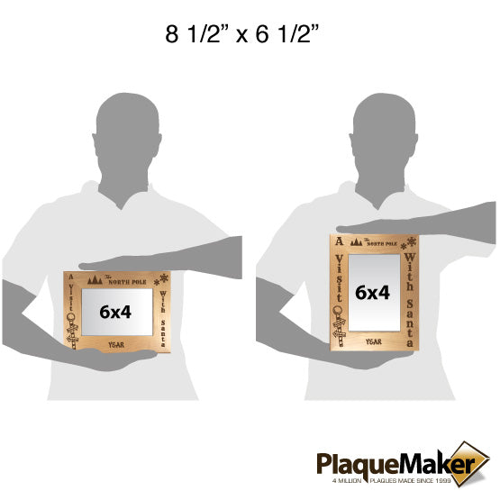 Size Guide With Blank Figure Holding Two Layouts Of Red Alder Picture Frame Engraved With Santa Visit Text And Date