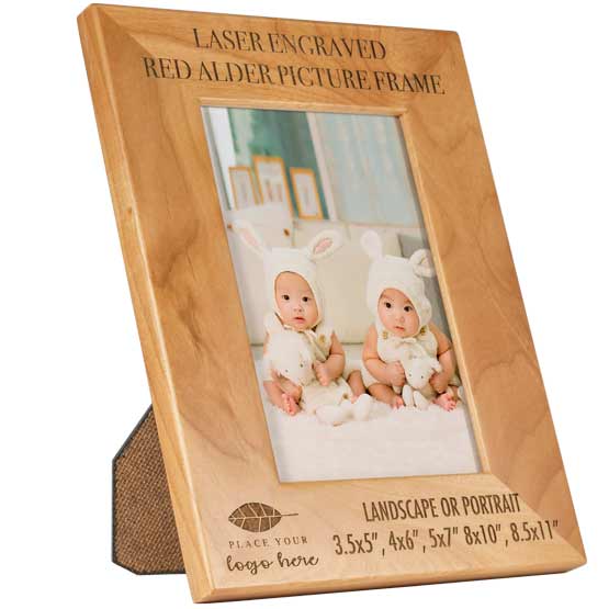 Custom Red Alder Picture Frame With Photo Of Twin Newborns And Laser Engraved To Show Customizable Areas For Text And Art