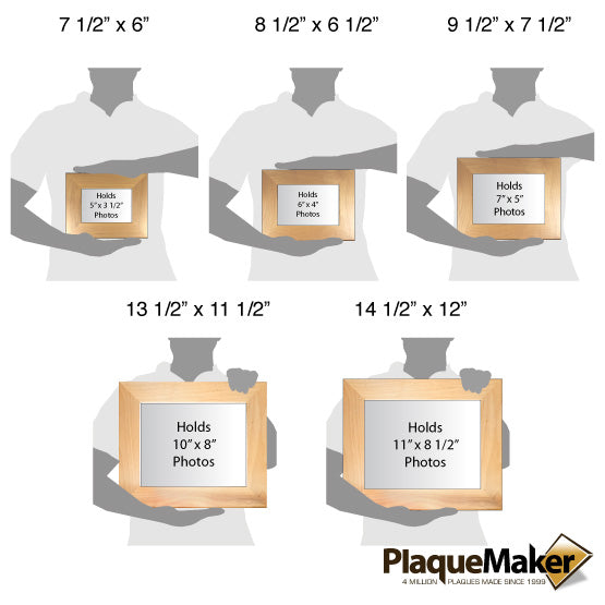 Size Guide With Blank Figures Holding Five Sizes Of Red Alder Picture Frame Showing Measurements Against White Background