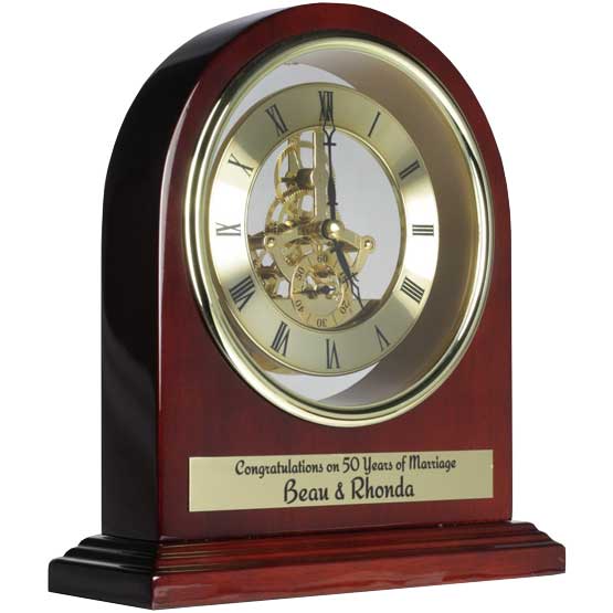 Custom Rosewood Arch Desk Clock With Open Gears Design And Metal Plate With Print Of Couple Names And Anniversary Message