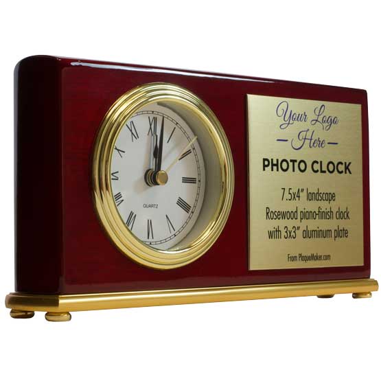 Custom Rosewood Landscape Desk Clock With Gold Trim And Metal Plate Showing Customizable Areas And Options