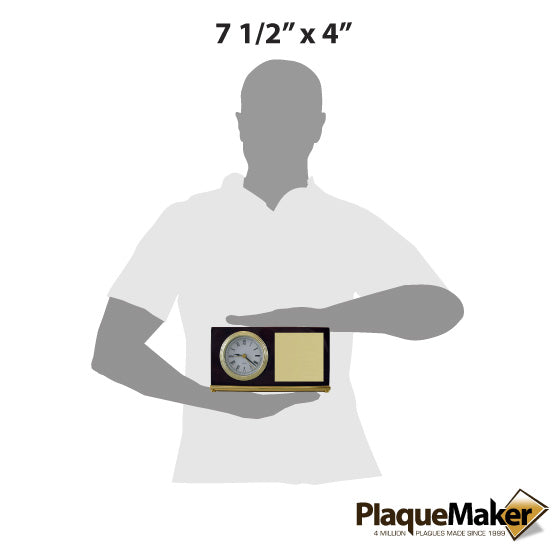 Size Guide With Blank Figure Holding Rosewood Landscape Desk Clock With Gold Trim And Metal Plate Against White Background