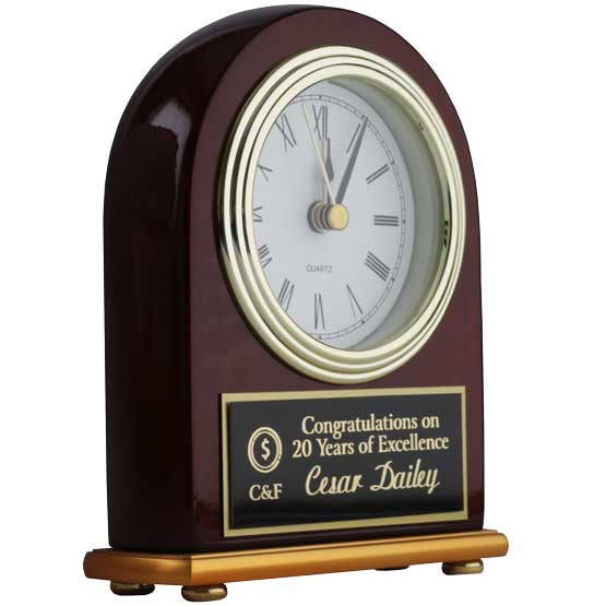 Rosewood Portrait Desk Clock With Gold Trim And Metal Plates Printed With Logo And Years Of Work Message And Employee Name