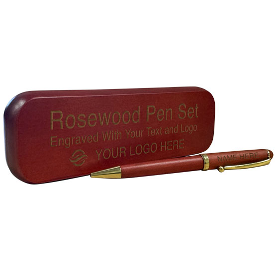 Custom Rosewood Pen Case And Pen Laser Engraved To Show Customizable Areas For Text And Art Against White Background