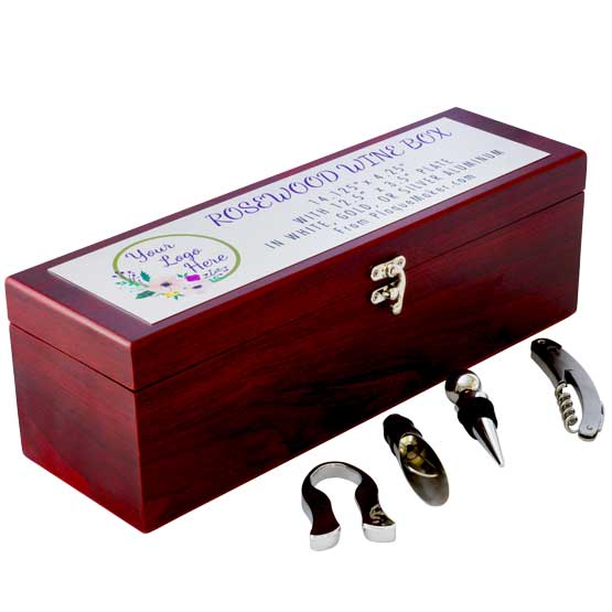Rosewood Wine Box With Metal Plate Featuring Full Color Printed Details For Customization Options Beside Four Wine Tools