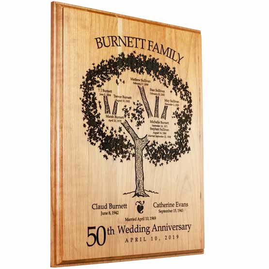 Custom Solid Cherry Plaque Laser Engraved With Family Tree Art And Names Above Wedding Anniversary Message With Date