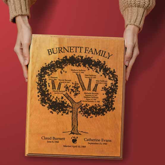Hands Holding Custom Solid Cherry Plaque Laser Engraved With Burnett Family Tree Art And Names Above Anniversary Date