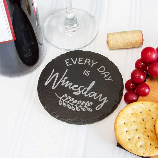 Custom Circle Slate Stone Coaster Printed With Every Day Is Wines-Day And Leaf Art On White Table With Wine And Food