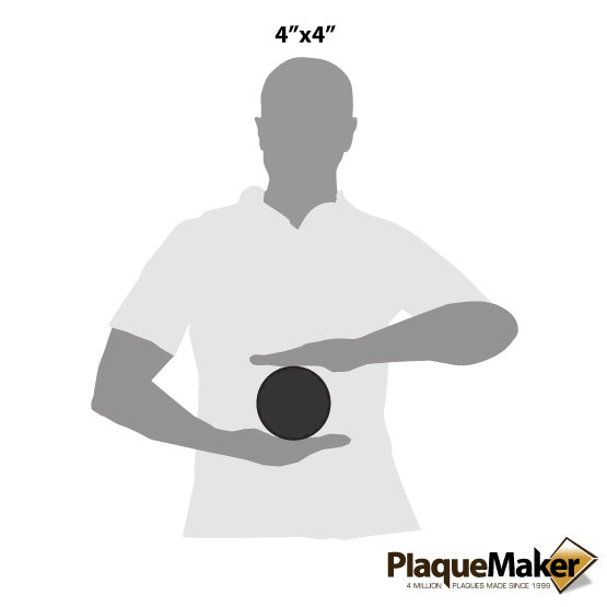 Size Guide With Blank Figure Holding Custom Slate Stone Coaster With Round Shape Against A White Background