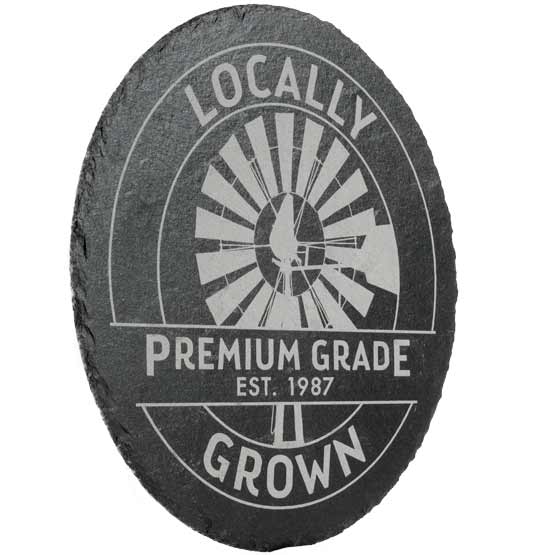 Custom Circle Slate Sign Printed With Locally Grown And Premium Grade And Weather Vane Artwork Against White Background