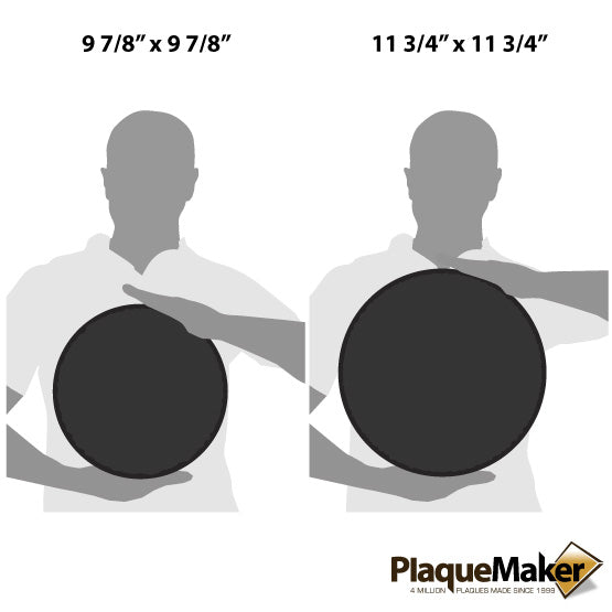 Size Guide With Blank Figures Holding Two Sizes Of Custom Circle Shaped Slate Sign Against A White Background