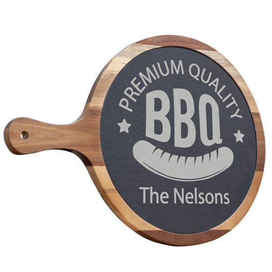 Custom Round Cutting Board Style Sign In Acacia Wood Paddle And Printed With Premium Quality BBQ And Family Name