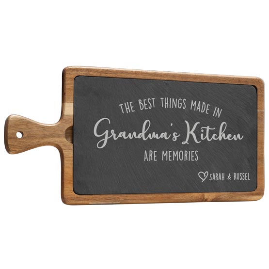 Custom Rectangle Slate Sign Printed With Grandma Kitchen Memories Message And Names Inside Cutting Board Style Acacia Paddle