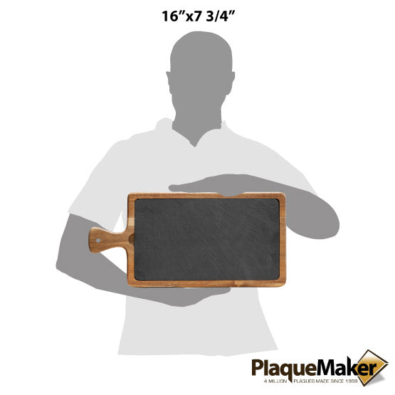 Size Guide With Blank Figure Holding Rectangle Slate Sign Inside Cutting Board Style Acacia Paddle Against White Background