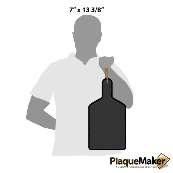 Size Guide With Blank Figure Holding Custom Paddle Cutting Board Shaped Slate Sign Via Rope Against White Background