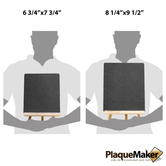 Size Guide With Blank Figures Holding Two Sizes Of Custom Slate Signs With Wooden Easels Against White Background