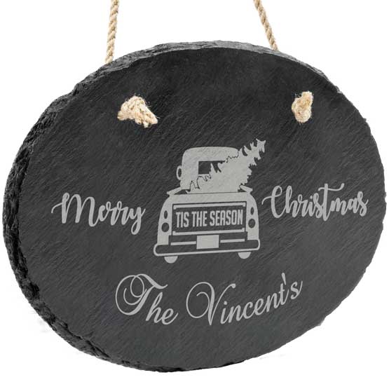Custom Slate Oval Sign With Rope And Printed With Merry Christmas And Family Name And Truck Carrying Christmas Tree Art