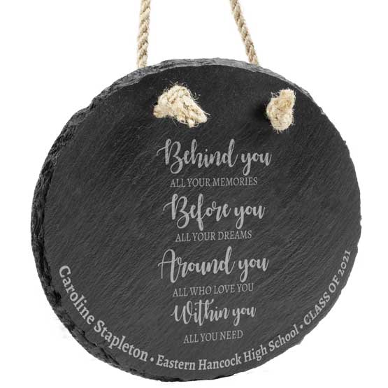 Custom Slate Oval Sign Printed With Inspiring Message And Student Graduation Details Hanging Via Rope