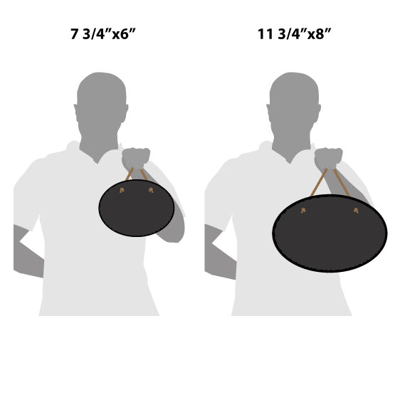 Size Guide With Blank Figures Holding Two Sizes Of Custom Slate Stone Oval Signs With Rope Against White Background