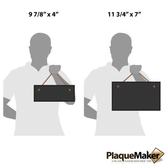 Size Guide With Blank Figures Holding Two Sizes Of Custom Slate Rectangle Sign Via Rope Against White Background