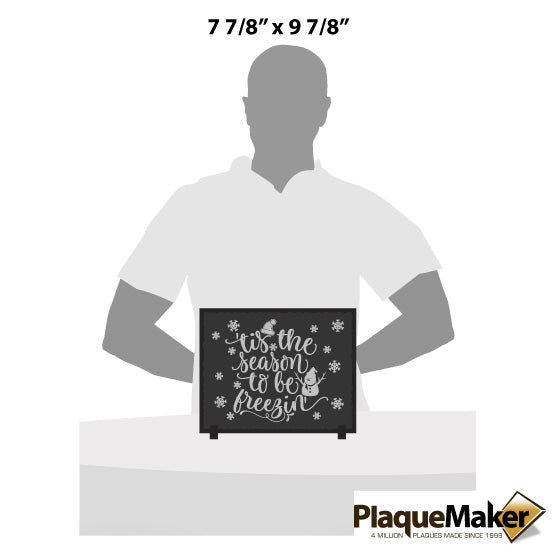 Size Guide With Blank Figure Behind Slate Rectangle Sign With Plastic Stands And Printed With Festive Art And Message