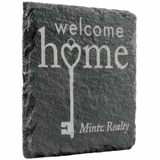 Custom Slate Square Coaster Printed With Welcome Home And Mintz Realty And Key Artwork Against A White Background