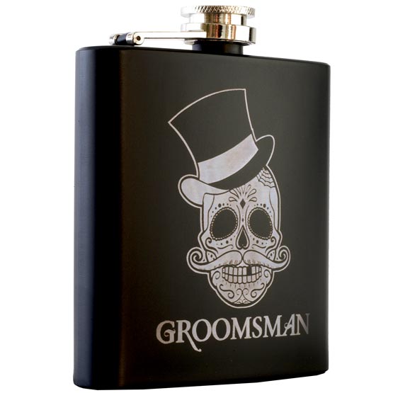 Matte Black Stainless Steel Flask Laser Engraved With Sugar Skull Wearing Top Hat And Groomsman Text Against White Background