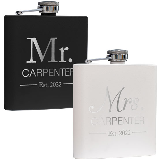 Set Of Custom Black And White Stainless Steel Flasks Featuring Mister And Misses Titles And Family Name And Date