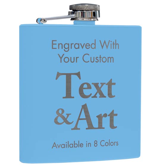 Custom Light Blue Powder Coated Stainless Steel Flask Laser Engraved To Show Customizable Areas For Text And Artwork