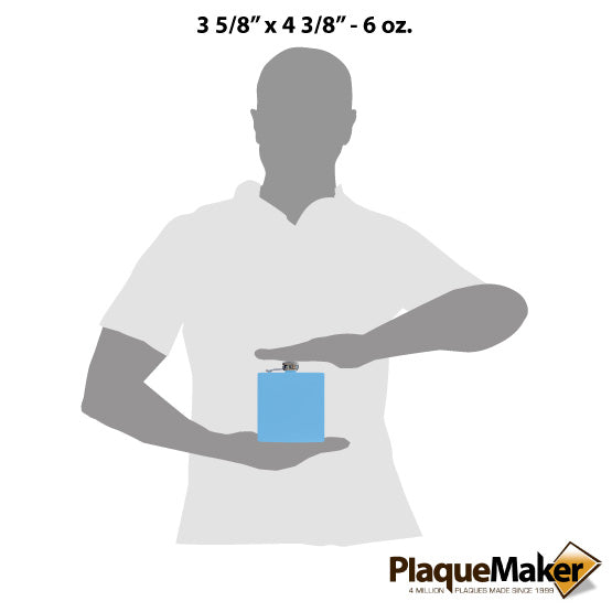 Size Guide With Blank Figure Holding Custom Light Blue Powder Coated Stainless Steel Flask Against A White Background