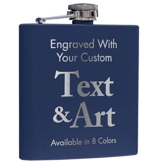 Custom Navy Blue Powder Coated Stainless Steel Flask Laser Engraved To Show Customizable Areas For Text And Artwork